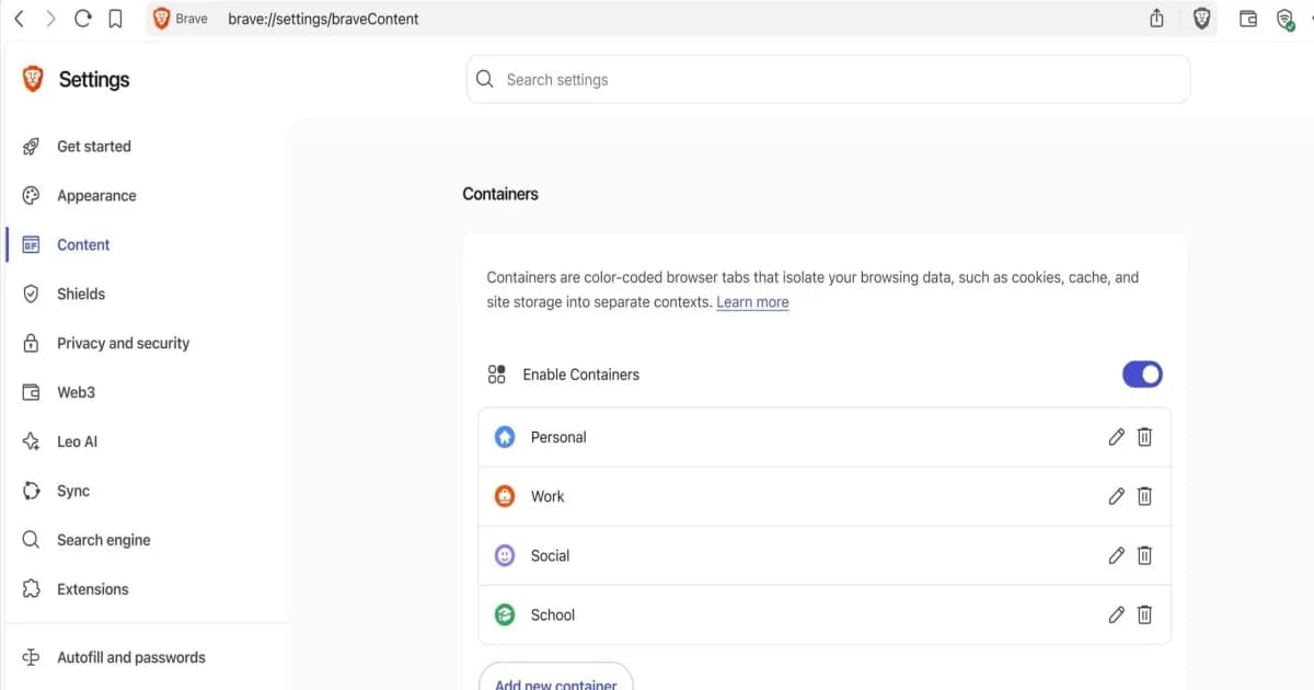 Tampilan fitur Containers di browser Brave desktop