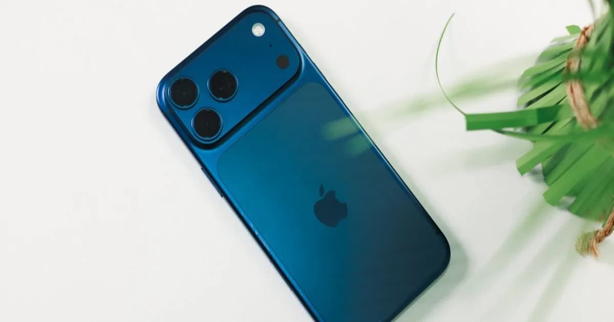 iPhone 17 Pro Max tergeletak di atas meja putih, menunjukkan desain belakang yang menjadi dasar untuk model Pro Max terbaru.