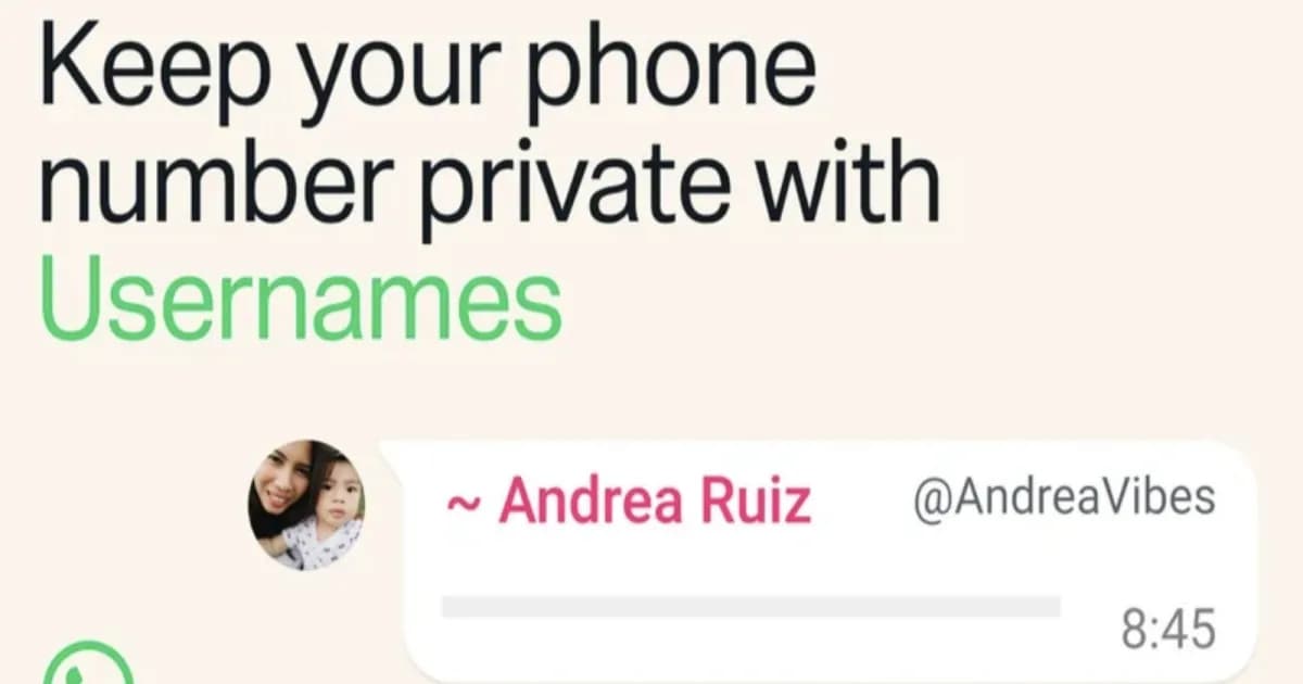 Ilustrasi transisi WhatsApp menambahkan username dengan teks "Keep your phone number private with Usernames"