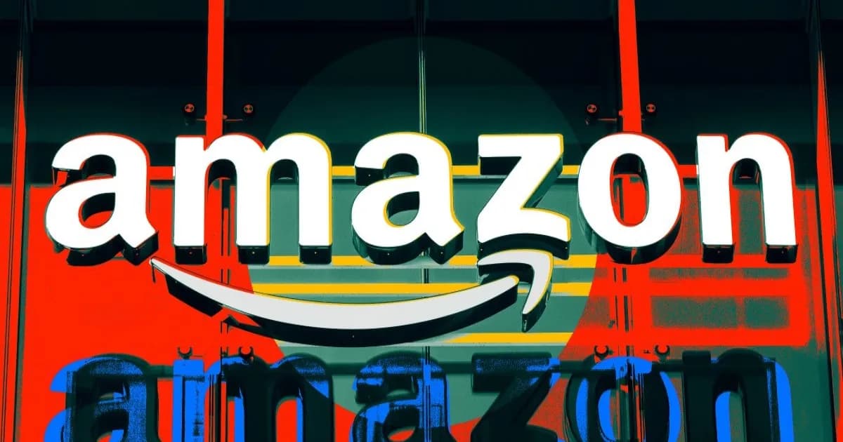 Ilustrasi logo Amazon di gedung dengan latar cerobong asap pabrik