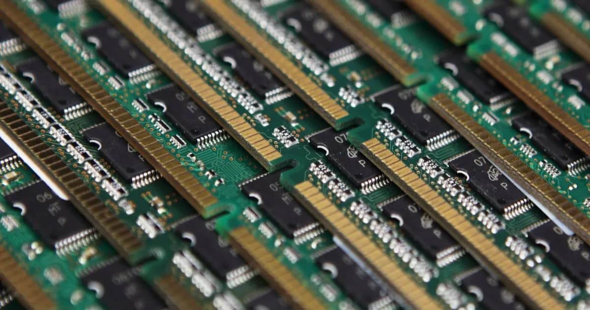Ilustrasi modul memori RAM DDR5 dengan latar belakang biru gelap