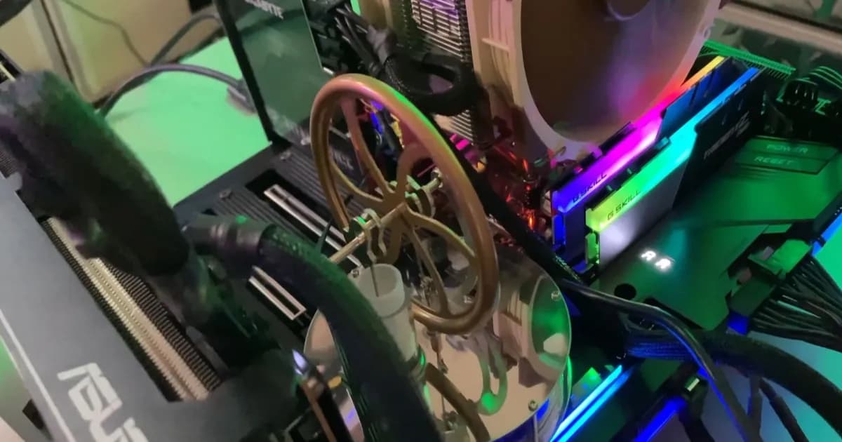Mesin Stirling dipasang di atas heatsink chipset motherboard Threadripper untuk pendinginan
