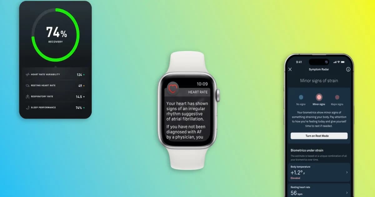 Ilustrasi Apple Watch dengan peringatan AFib, layar pemulihan Whoop, dan radar gejala Oura