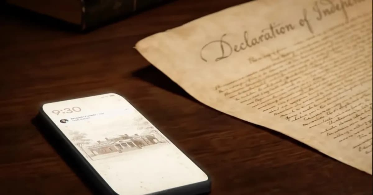 Iklan Google Workspace bertema kemerdekaan AS dengan Founding Fathers menggunakan AI Gemini