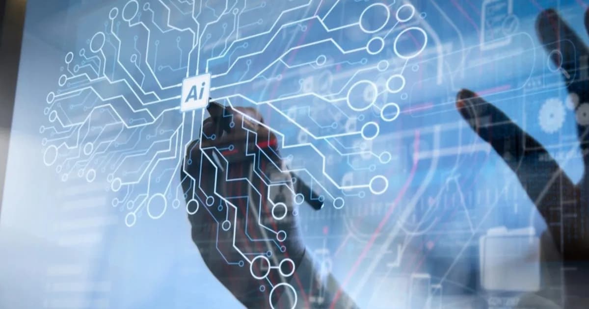 Ilustrasi tim insinyur AI spesialis sedang bekerja dengan perangkat lunak machine learning