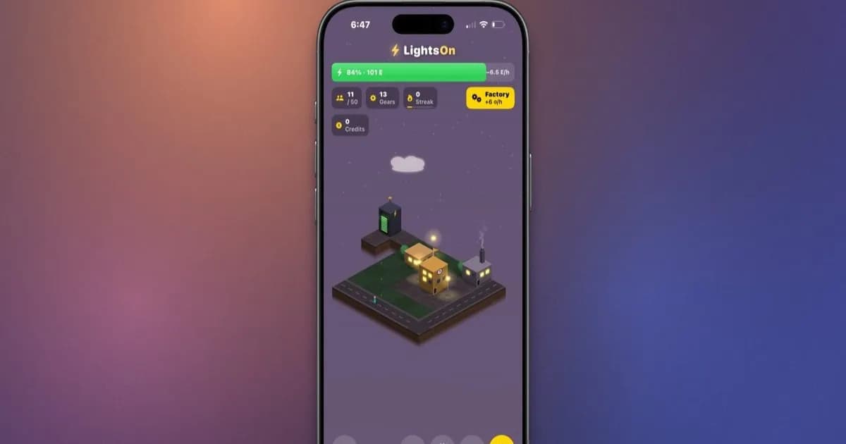 Tampilan antarmuka aplikasi LightsOn dengan kota virtual yang terang benderang