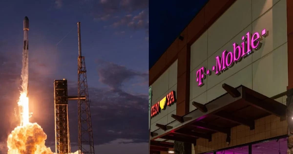 Ilustrasi logo SpaceX dan T-Mobile dengan latar belakang peta jaringan seluler Amerika Serikat