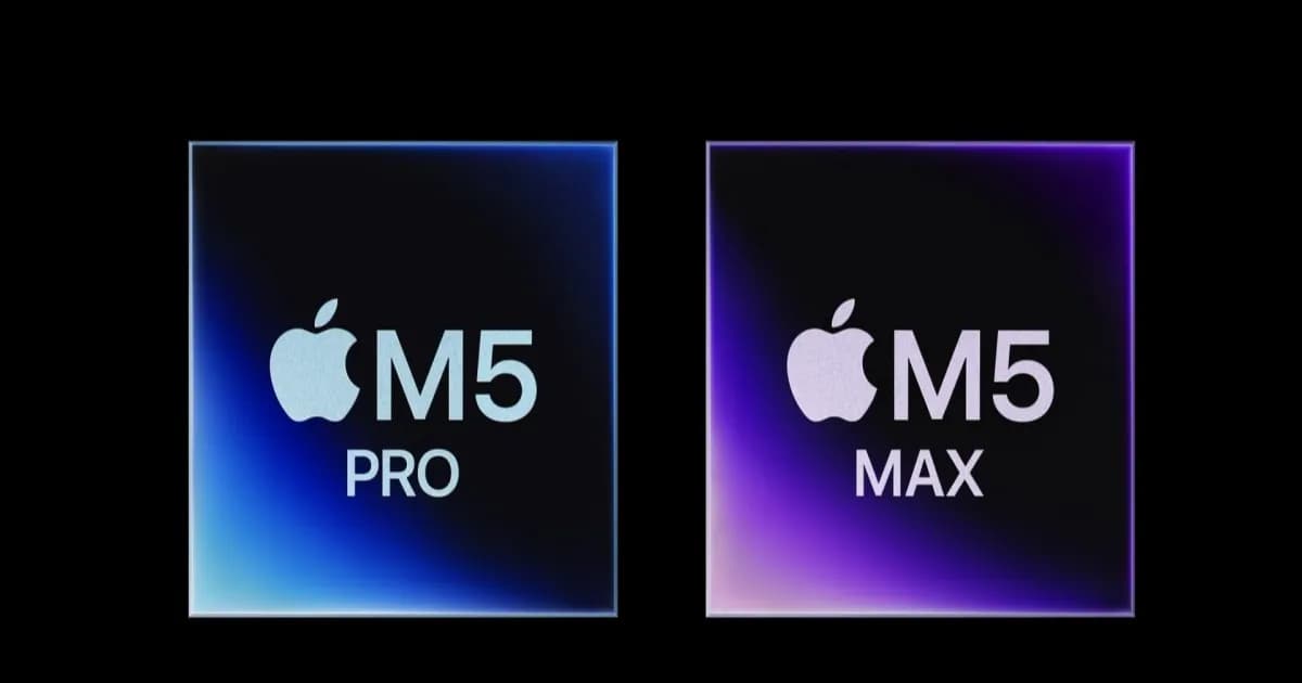 Ilustrasi chip Apple M5 Pro dan M5 Max dengan latar belakang hitam