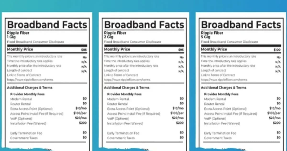 Ilustrasi label nutrisi broadband yang menunjukkan daftar biaya layanan internet