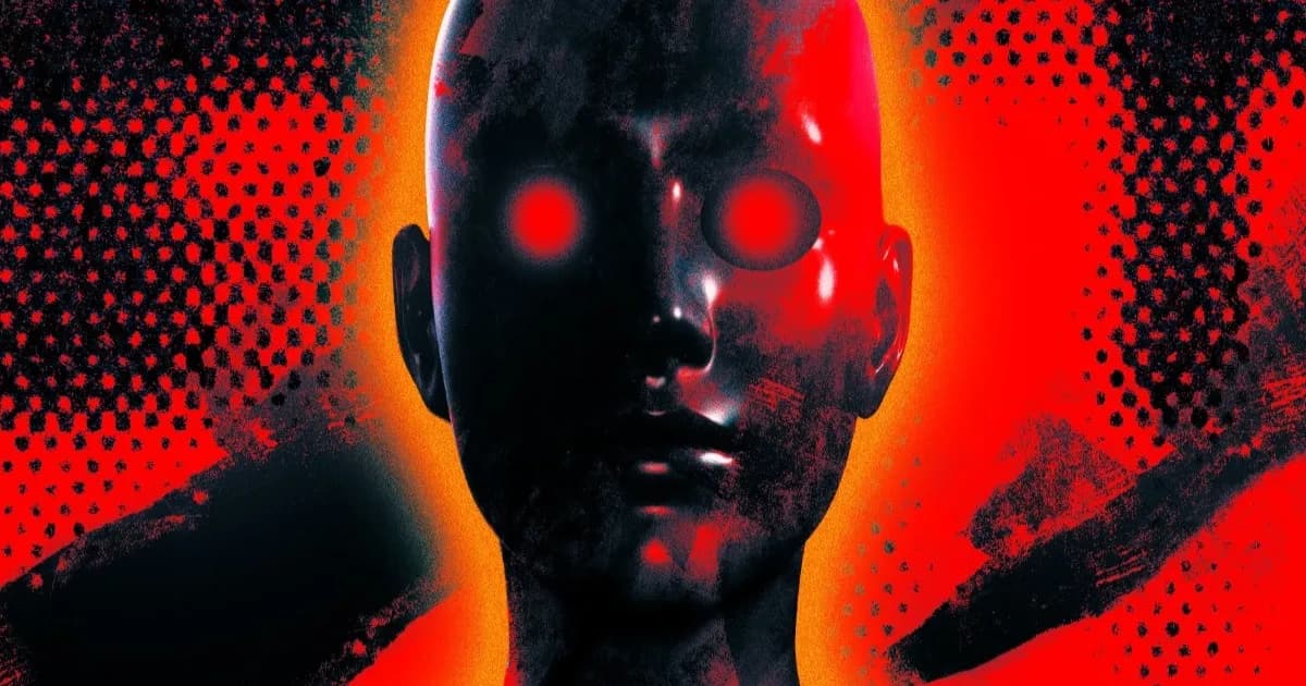 Ilustrasi entitas robotik gelap dengan latar merah mewakili ancaman model AI open-source GLM-5.2