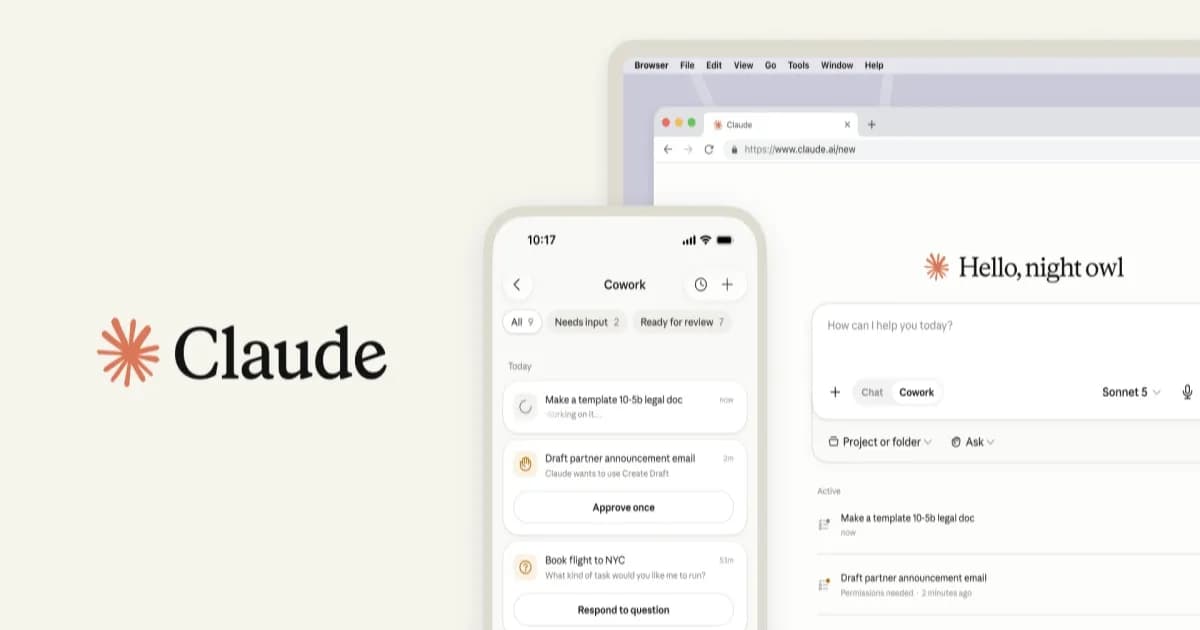 Tampilan antarmuka Claude Cowork di perangkat mobile dan web