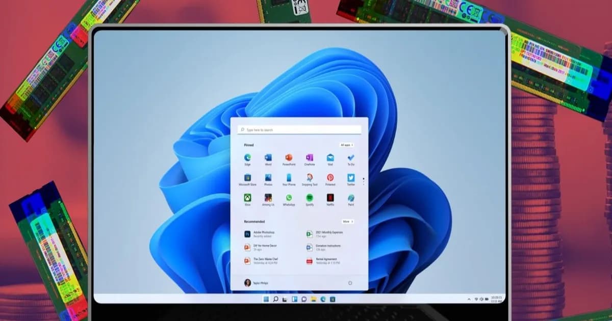 Ilustrasi laptop Windows 11 dengan ikon penyimpanan penuh