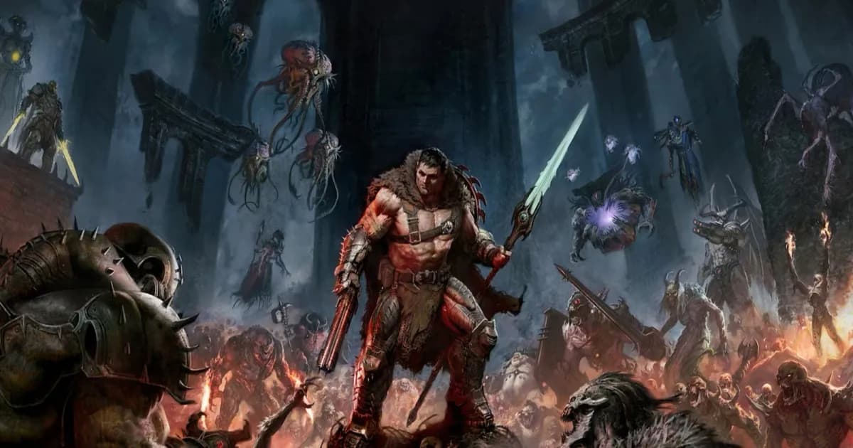 Key art Doom Slayer berhadapan dengan iblis dalam pertempuran epik.