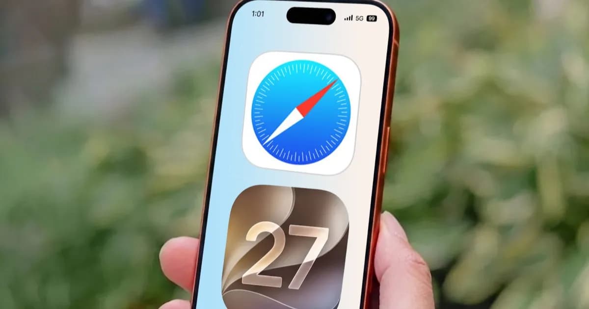 Ilustrasi fitur Safari iOS 27 dengan ikon aplikasi dan logo iOS 27 di layar iPhone