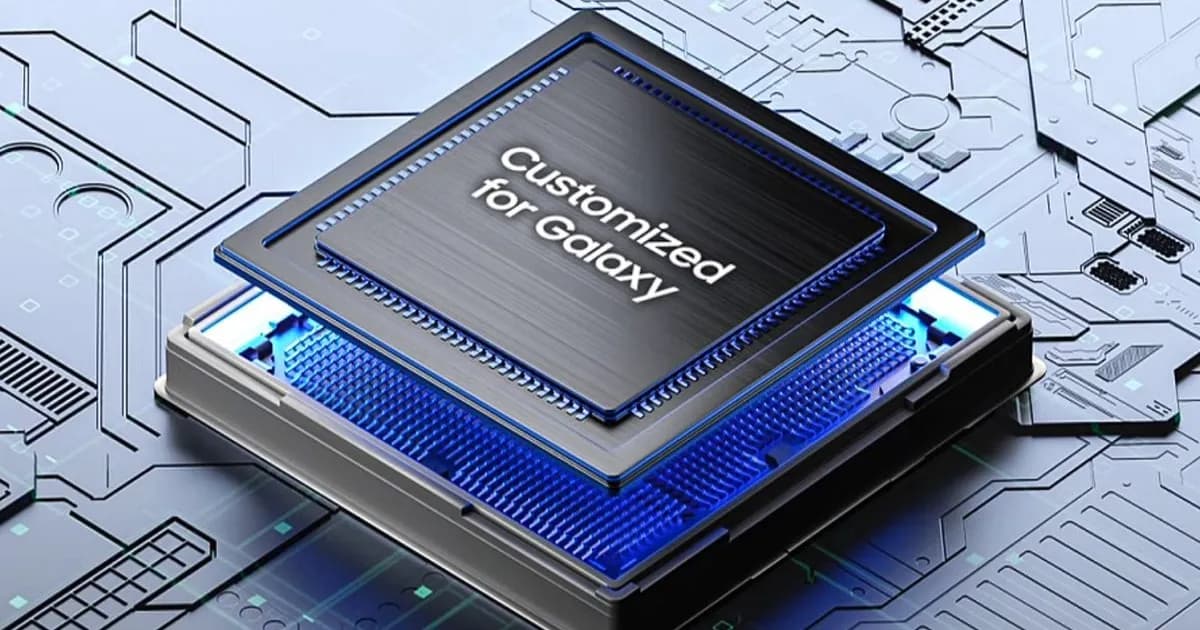 Ilustrasi chip Exynos Samsung dengan desain prosesor canggih untuk komputasi AI.