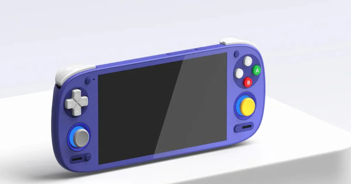 Render handheld Retroid Pocket 5 warna biru dengan desain modern