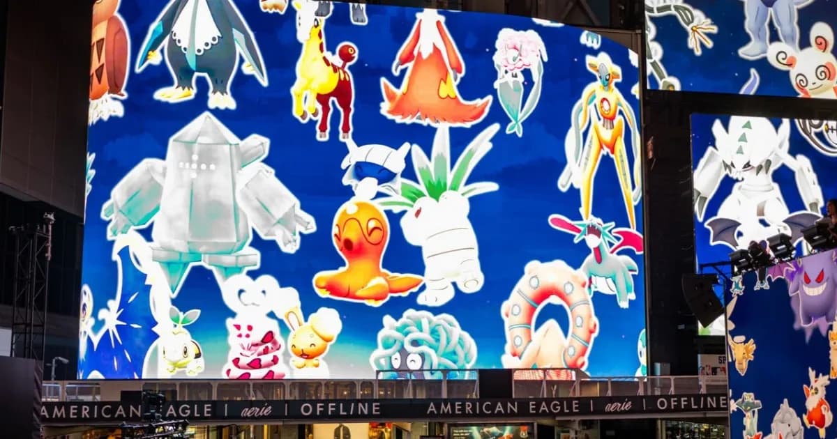 Mega Mewtwo Y tampil di layar raksasa Times Square dalam perayaan 10 tahun Pokémon Go
