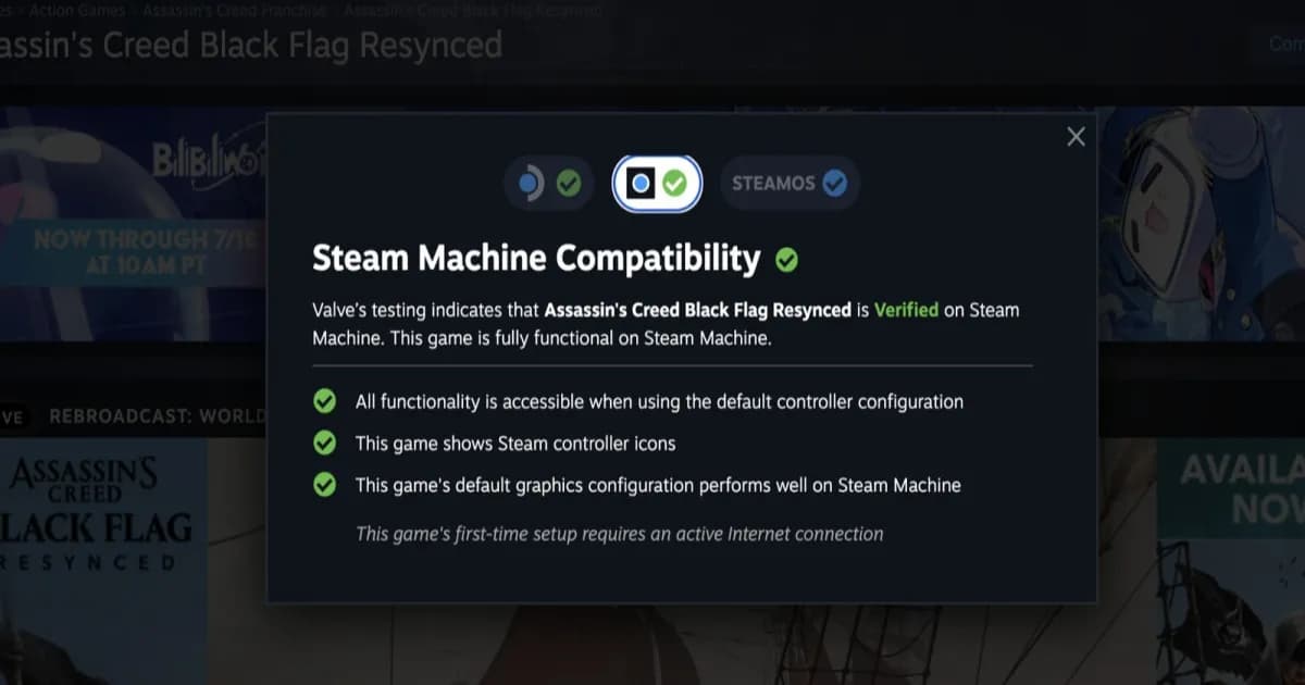 Steam Machine compatibility flag menunjukkan status verifikasi game