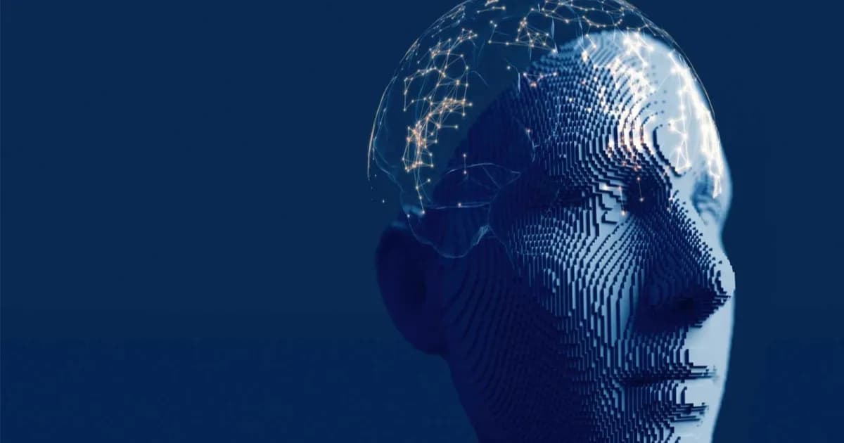 Ilustrasi wajah voxel dengan otak galaksi melambangkan ruang pemikiran internal Claude AI
