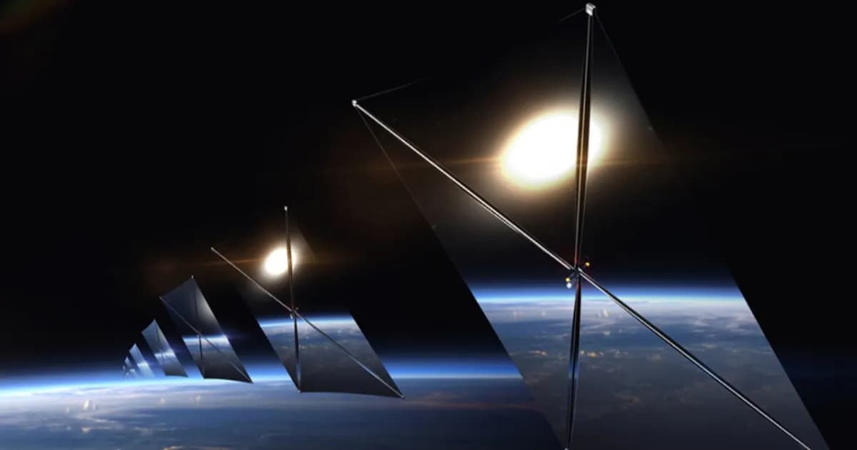 Ilustrasi satelit Reflect Orbital memantulkan sinar matahari ke Bumi di malam hari.