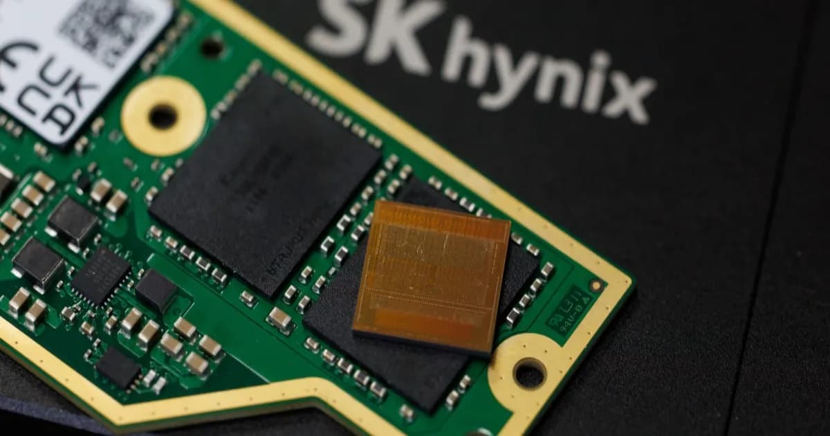 Ilustrasi chip memori SK Hynix dengan latar belakang sirkuit