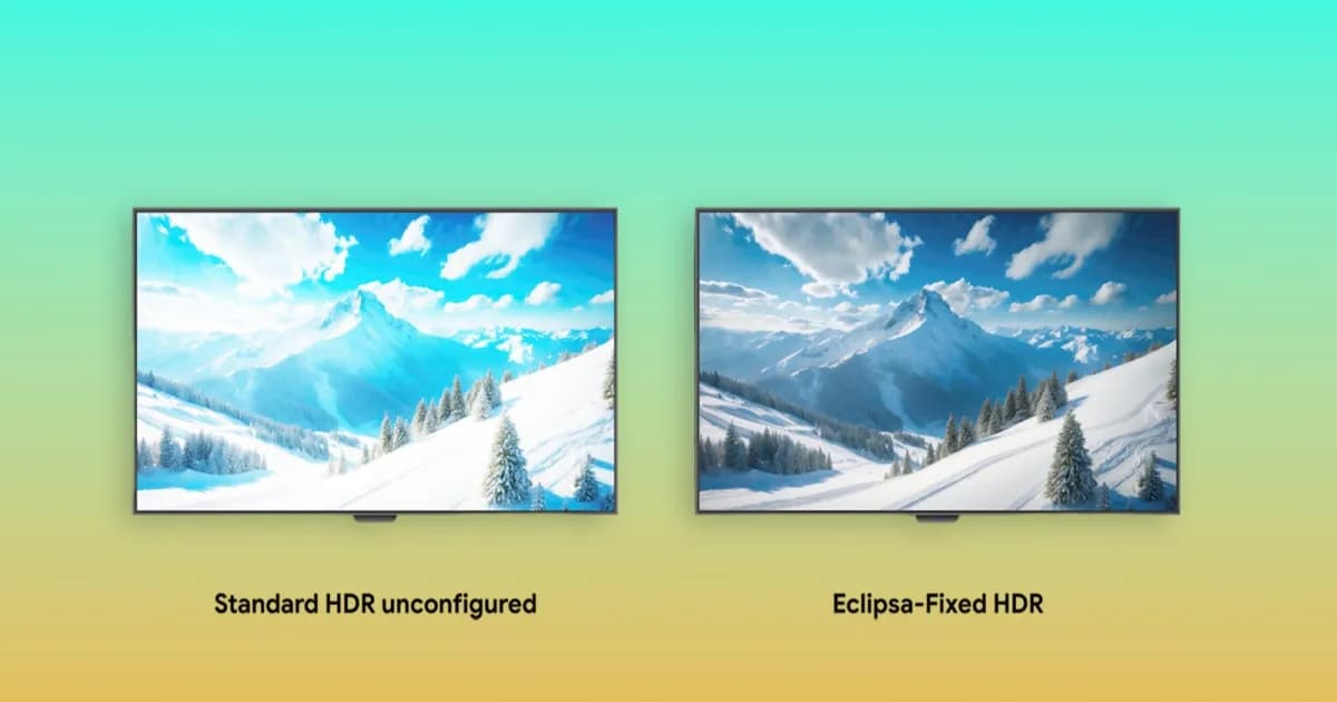 Dua layar TV membandingkan tampilan HDR biasa dengan Eclipsa Video
