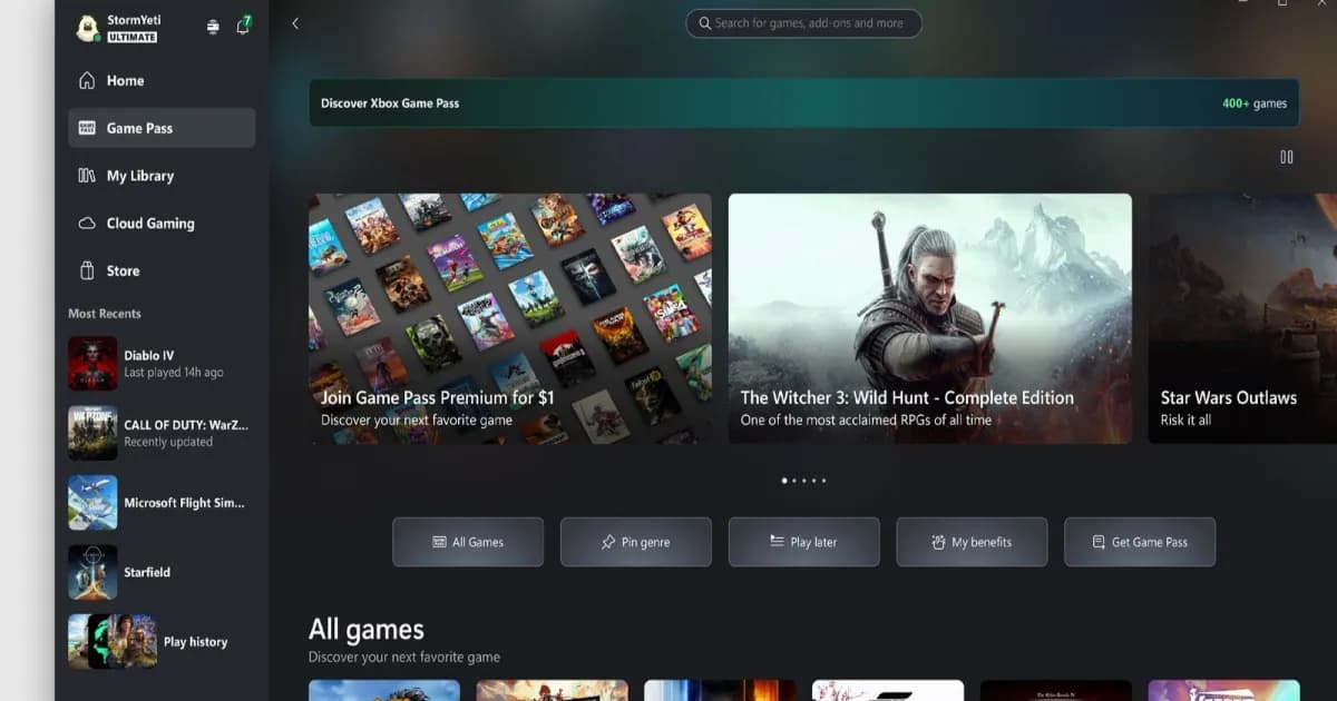 Dashboard perpustakaan game Xbox Game Pass