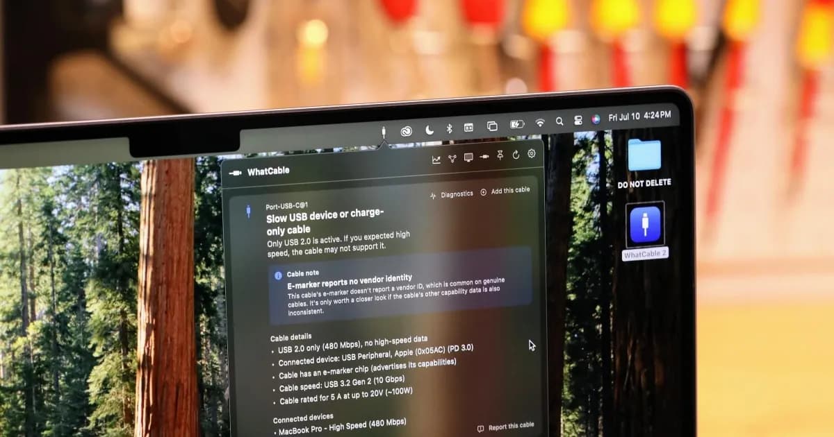 Tampilan antarmuka WhatCable yang menunjukkan informasi detail kabel USB-C termasuk rating kecepatan dan daya
