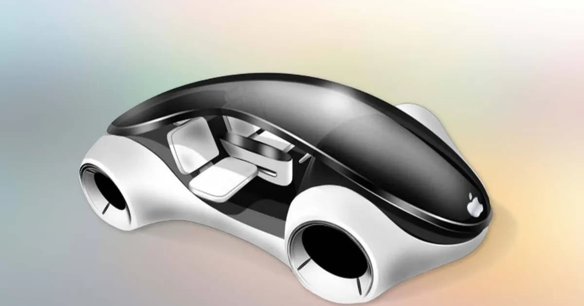 Konsep desain Apple Car yang futuristik dengan warna putih dan aksen hitam