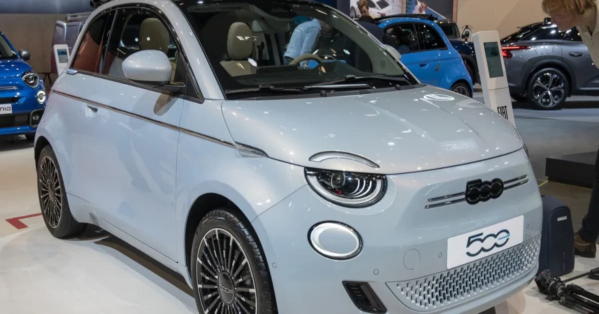 Gray Fiat 500e in the showroom as one of the worst range EVs in 2026