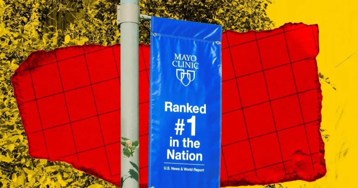 Ilustrasi foto grafis berwarna-warni yang menampilkan tiang dengan papan petunjuk yang mengiklankan Mayo Clinic sebagai penyedia layanan kesehatan peringkat #1 di AS menurut U.S. News & World Report