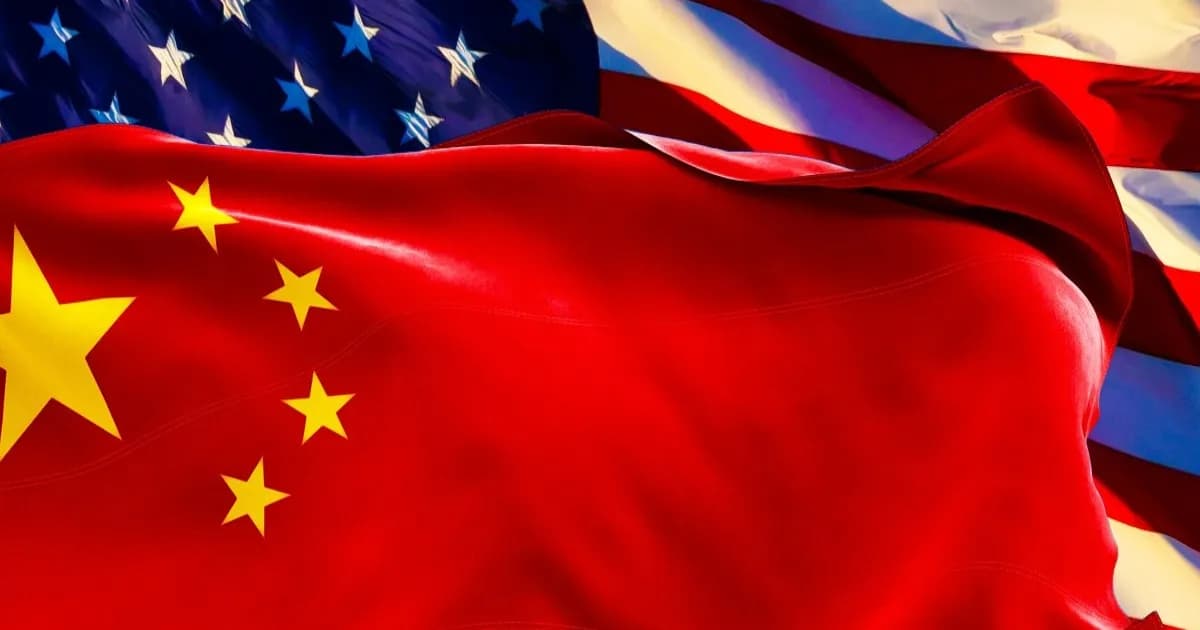Ilustrasi bendera China di depan bendera AS melambangkan persaingan AI murah