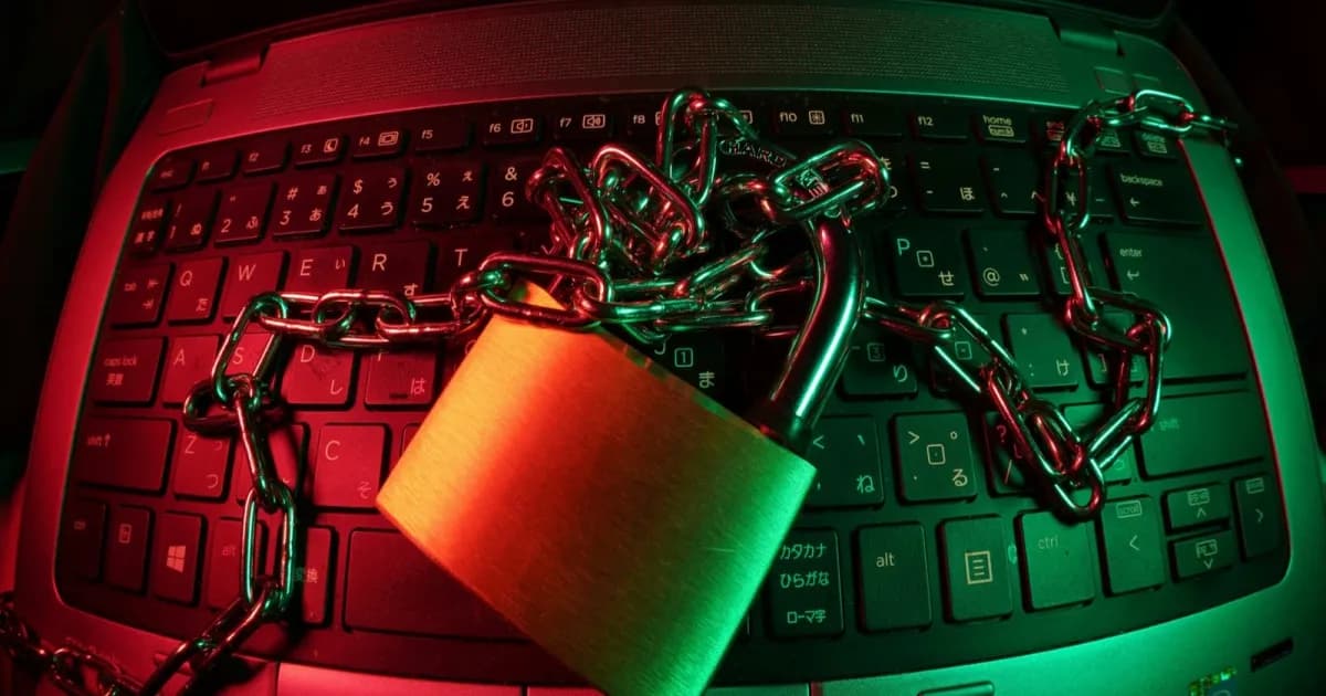 Gembok dan rantai pada keyboard laptop sebagai simbol keamanan siber dan ransomware