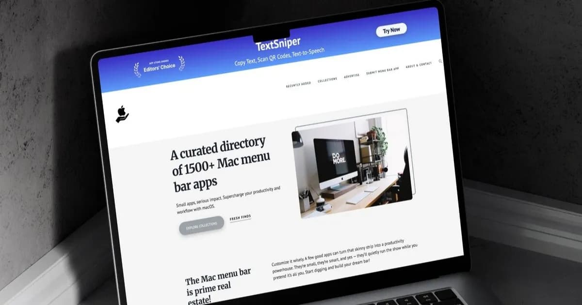 Tampilan situs MacMenuBar yang menampilkan koleksi aplikasi menu bar untuk Mac.