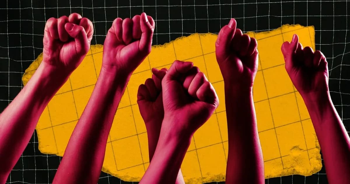 Ilustrasi grafis beberapa kepalan tangan terangkat di udara melambangkan protes atau tuntutan terhadap perusahaan AI