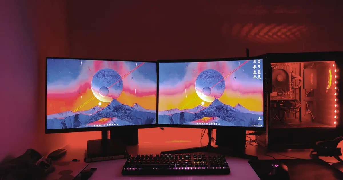 A dual display workspace setup with two monitors