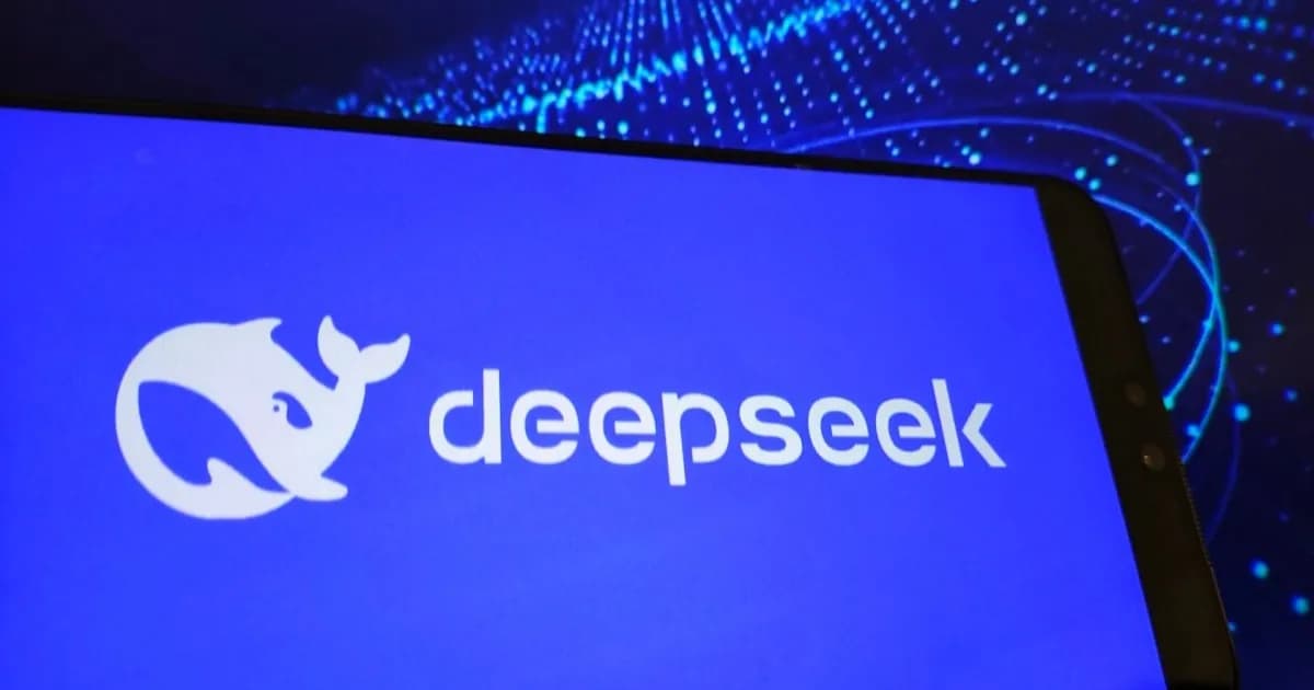 Ilustrasi logo DeepSeek dengan latar belakang grafik pasar saham dan angka valuasi USD71 miliar untuk IPO 2027