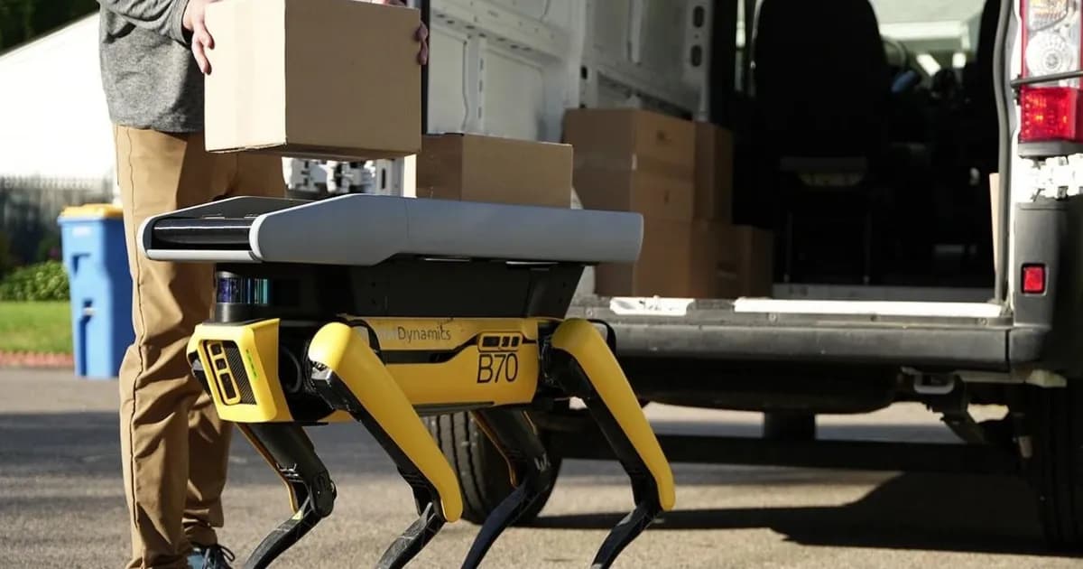 Robot Anjing Boston Dynamics Spot membawa paket dengan aksesori sabuk konveyor