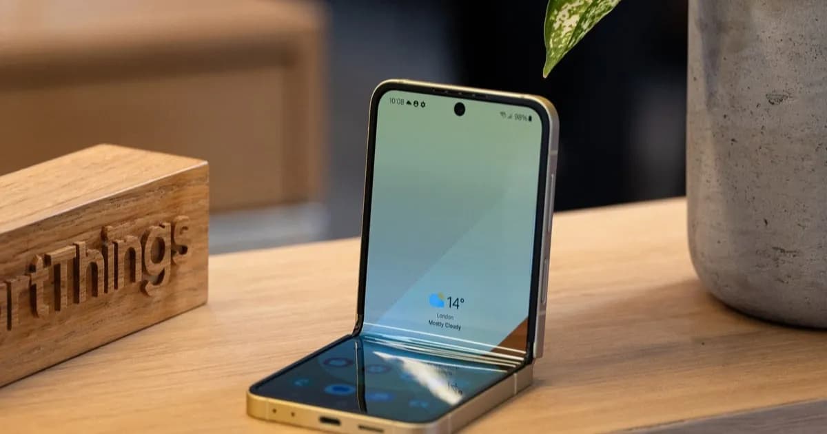 Galaxy Z Flip 6 setengah terlipat di atas permukaan