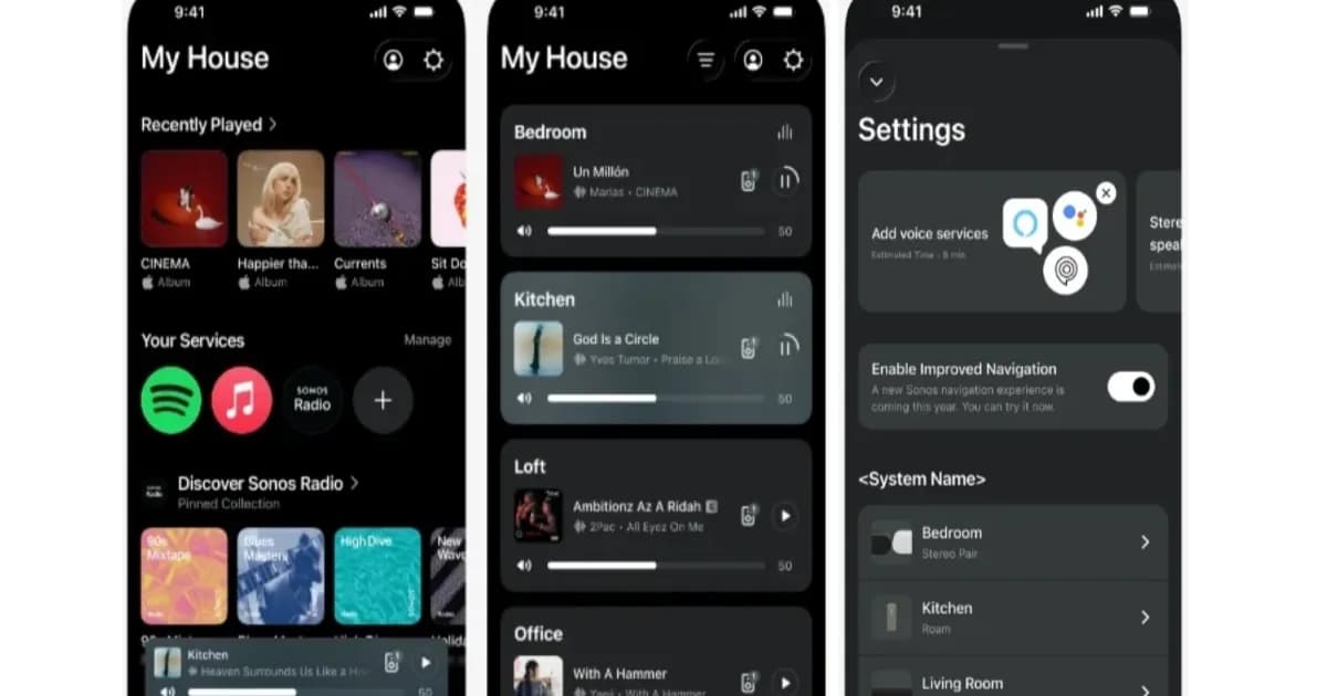 Sonos app update with new tab navigation and volume slider interface