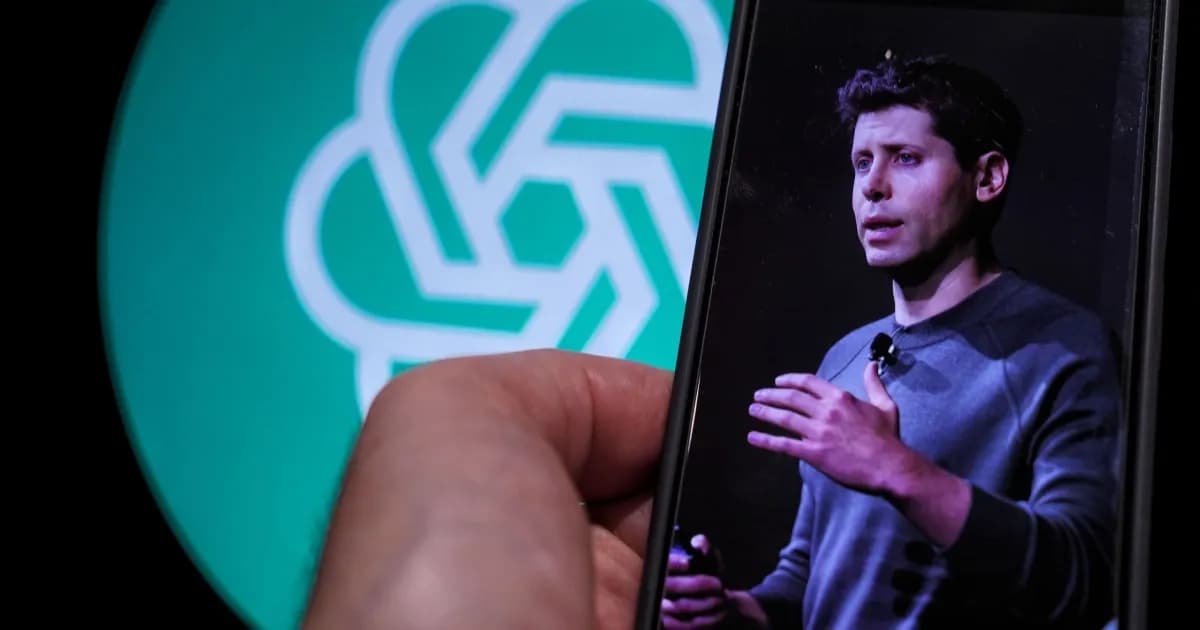 Sam Altman dan logo ChatGPT di latar belakang futuristik