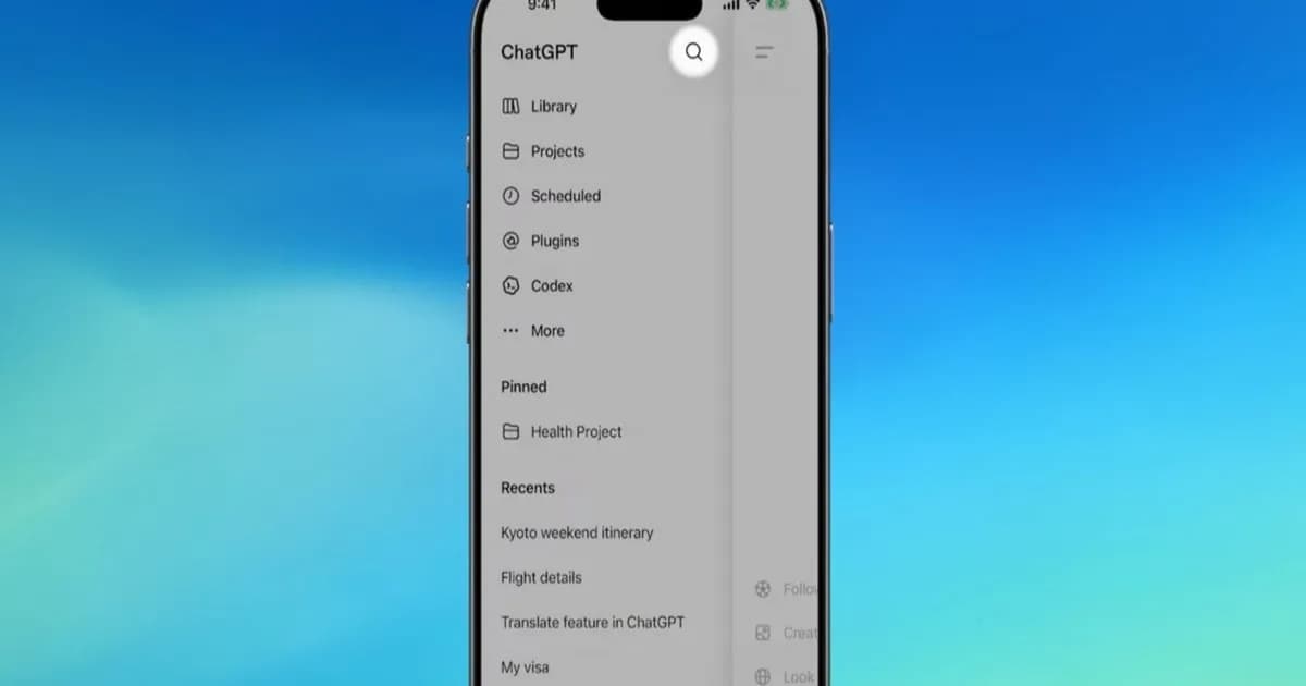 Tampilan fitur pencarian baru ChatGPT di sidebar yang menampilkan hasil pencarian chat, proyek, gambar, dan dokumen.