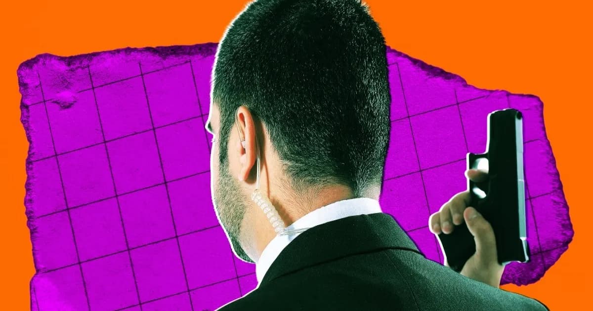 Ilustrasi seorang bodyguard bersenjata dari belakang yang sedang mengawal, menggambarkan meningkatnya ancaman keamanan bagi eksekutif AI