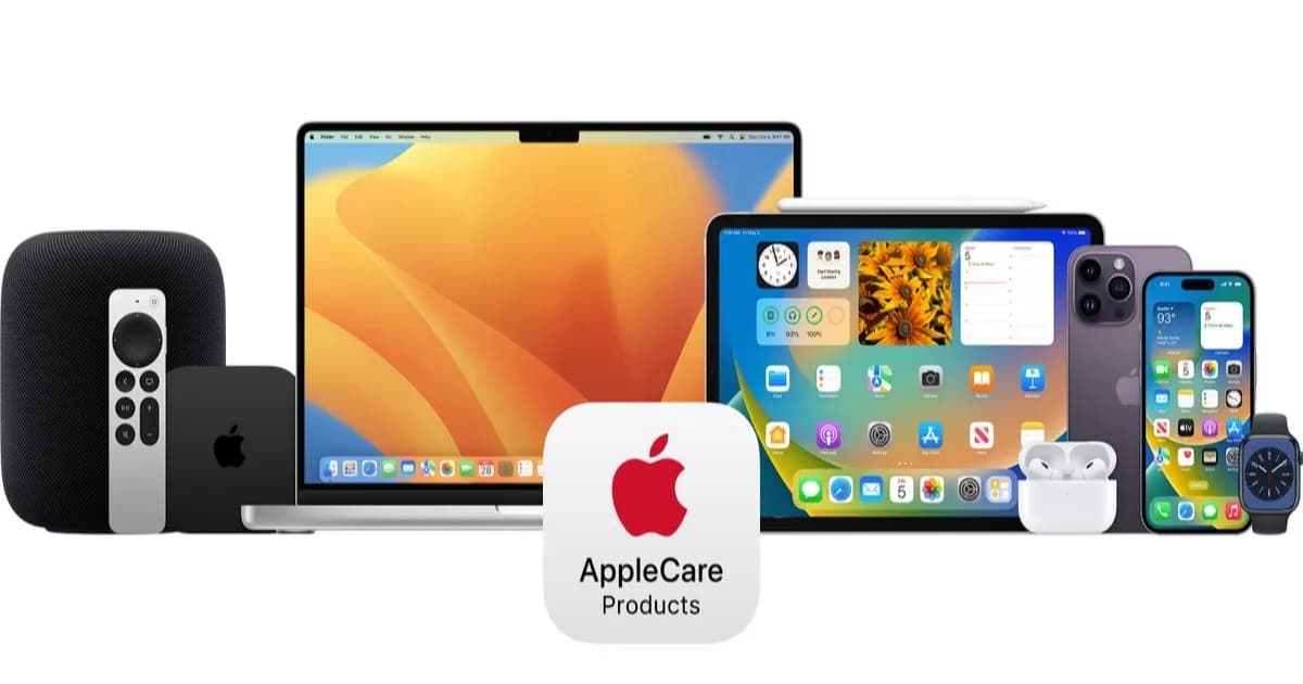 Koleksi perangkat Apple termasuk MacBook, iPad, iPhone, Apple Watch, HomePod, dan Apple TV yang dilindungi AppleCare+