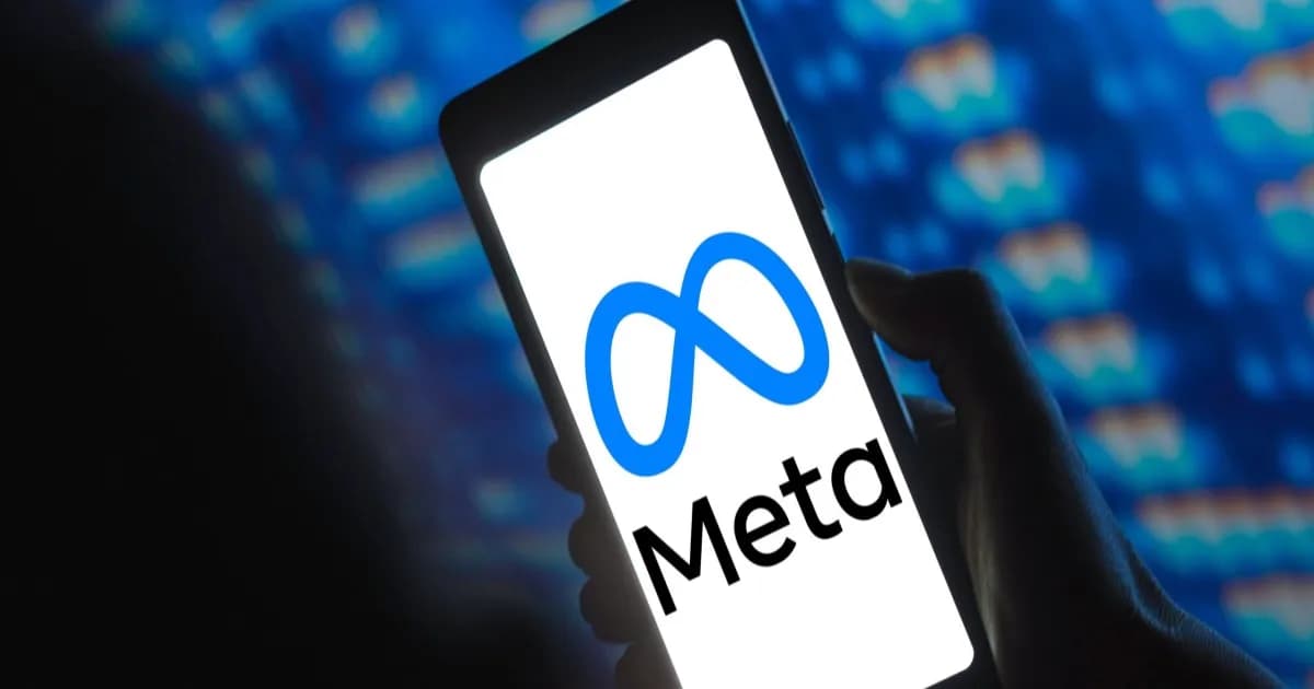 Ilustrasi logo Meta Platforms Inc. di layar smartphone dengan latar belakang abstrak