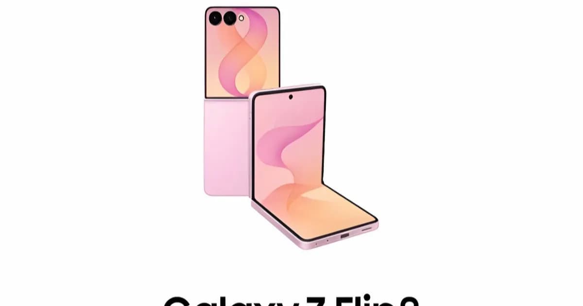 Render Samsung Galaxy Z Flip 8 warna pink dengan layar cover menampilkan widget Samsung Health