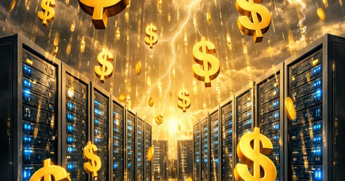 Ilustrasi logo Databricks dengan latar belakang digital yang menampilkan grafik valuasi perusahaan