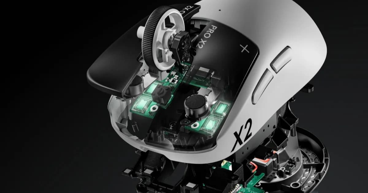 Ilustrasi dua mouse gaming dengan polling rate 8.000Hz di atas mousepad hitam