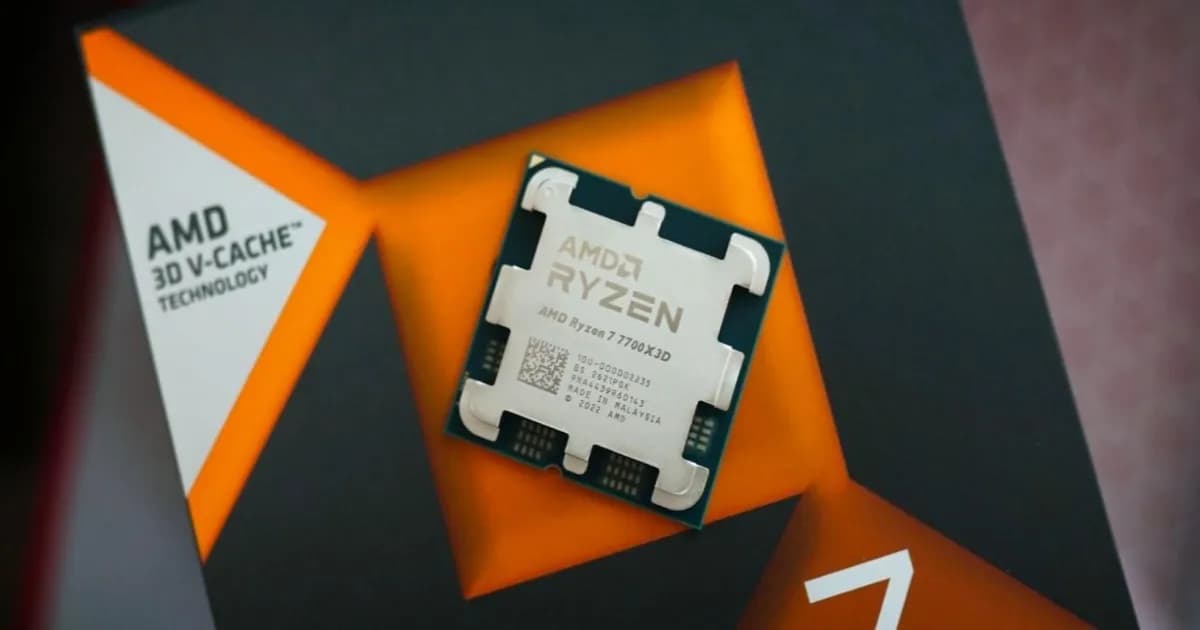 Prosesor AMD Ryzen 7 7700X3D dengan desain hitam dan logo AMD