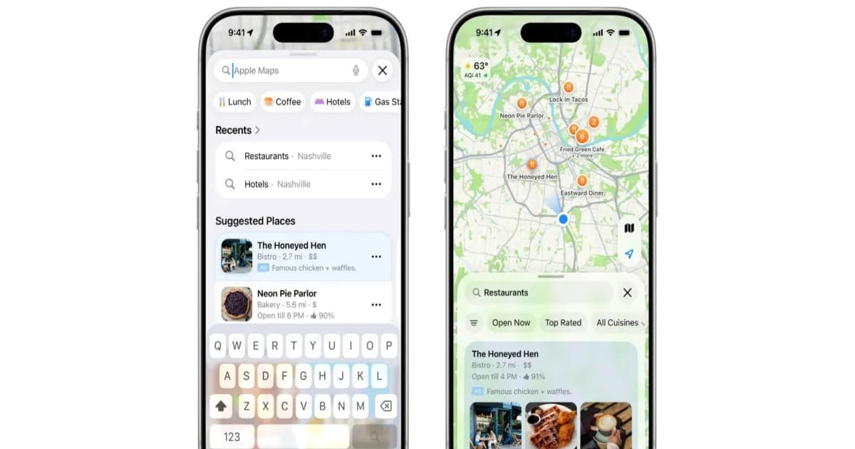 Dua tangkapan layar bagaimana iklan akan muncul di pencarian Apple Maps dan di peta itu sendiri.